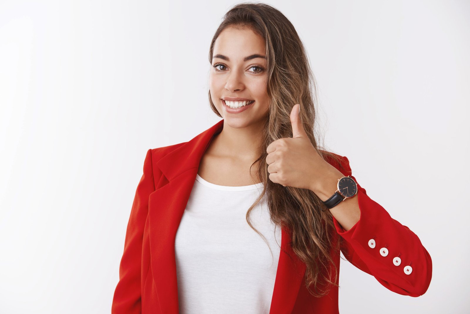 girl assuring you have lucky day happy smiling gorgeous female entrepreneur showing thumb up liking approving awesome idea delighted giving positive reply agree standing white wall scaled